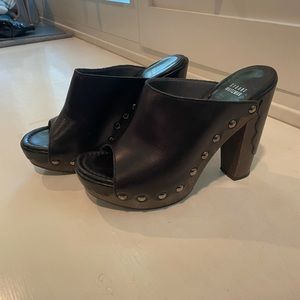 Stuart Weitzman black leather scallop studded clog